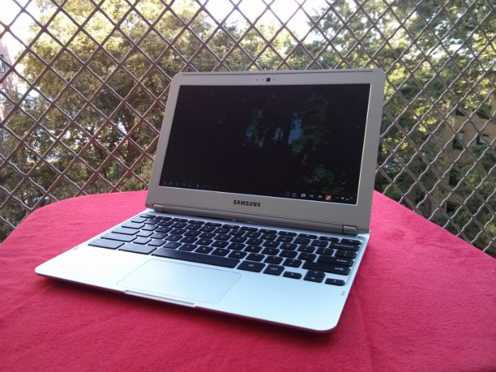 Samsung Chromebook open on a porch