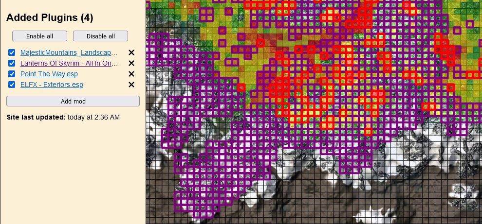 Screenshot of modmapper.com with 4 Added Plugins and the map covered in purple 
and red boxes