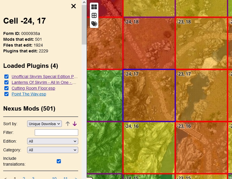 Screenshot of modmapper.com with a conflicted cell selected on the map and 4 
Loaded Plugins displayed