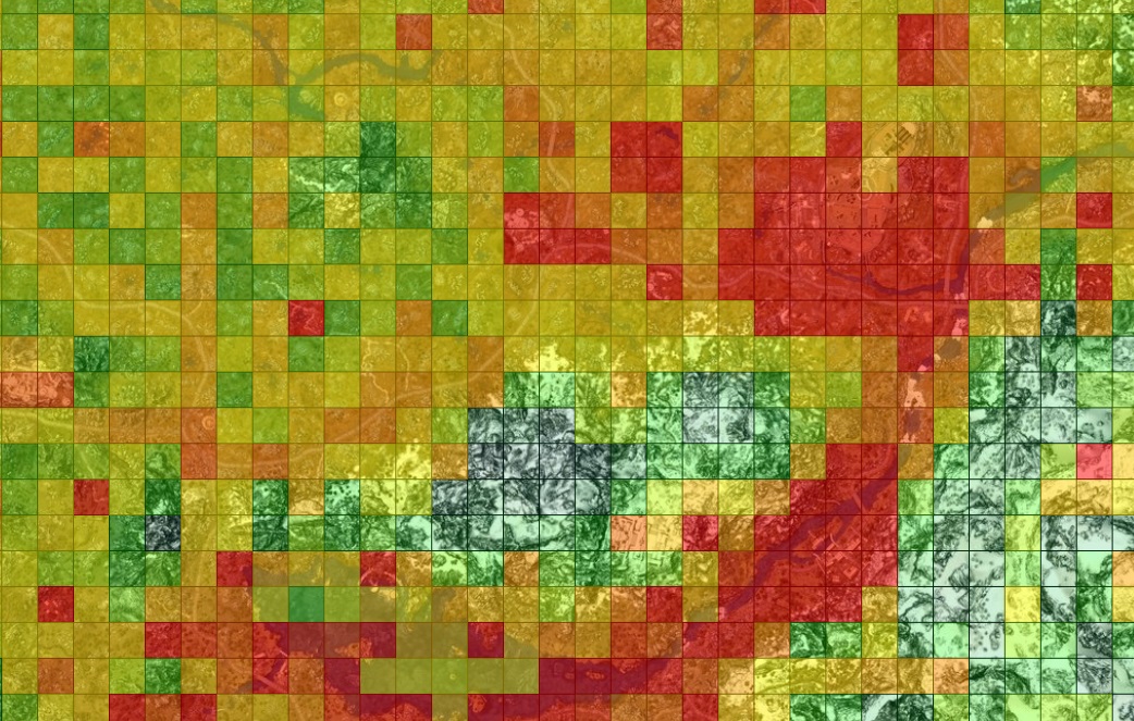 Screenshot closeup of modmapper.com displaying a grid of colored cells from 
green to red overlaid atop a satellite map of 
Skyrim