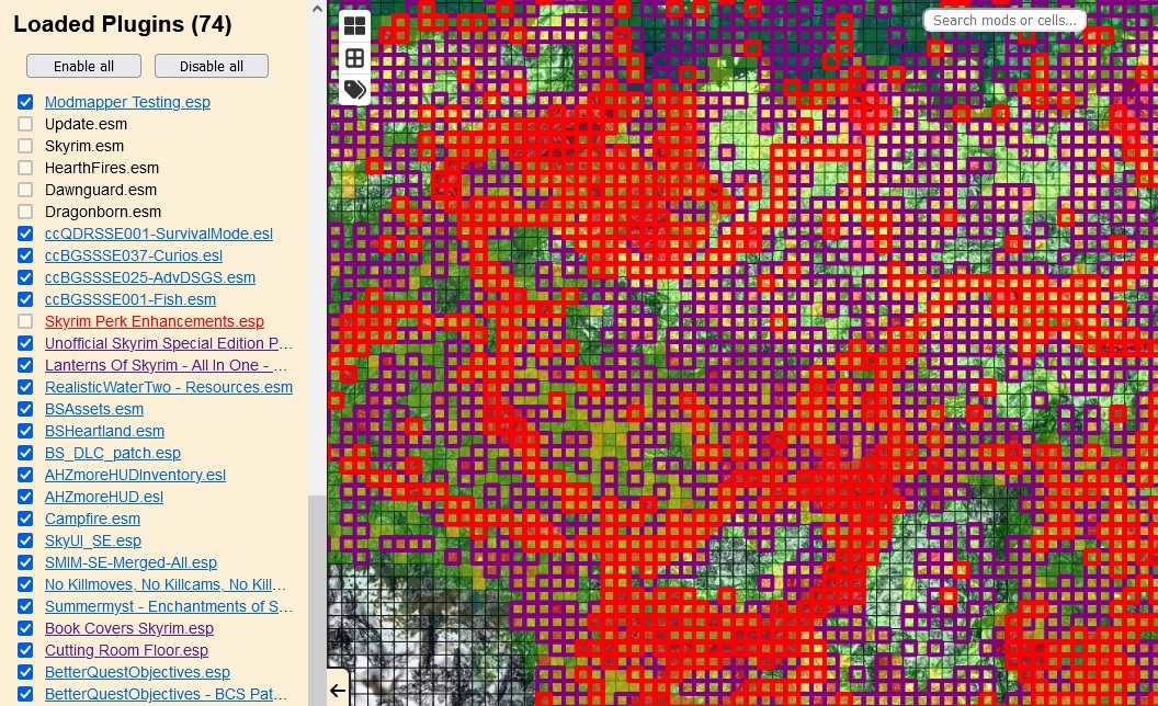 Screenshot of modmapper.com with 74 Loaded Plugins and the map filled with 
purple and red boxes