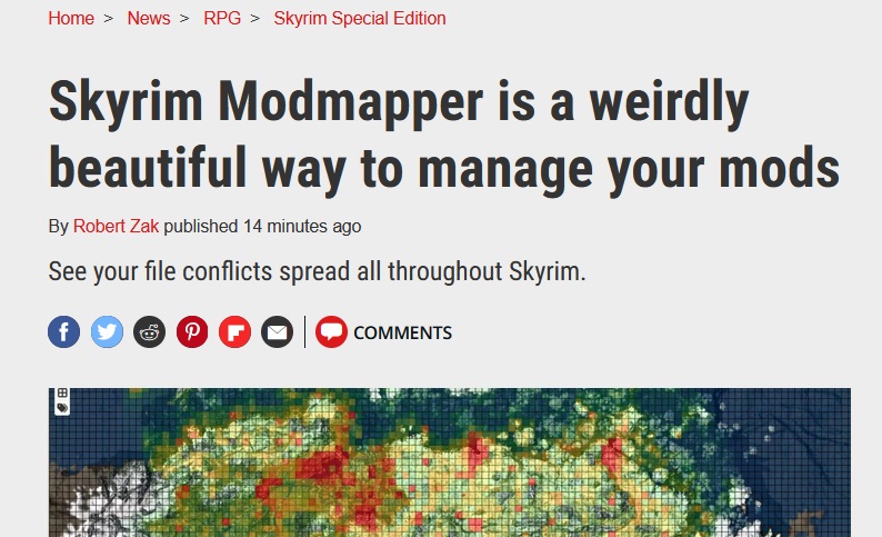 Screenshot of PC Gamer article titled "Skyrim Modmapper is a weirdly 
    beautiful way to manage your mods" by Robert Zak published April 20, 
    2022