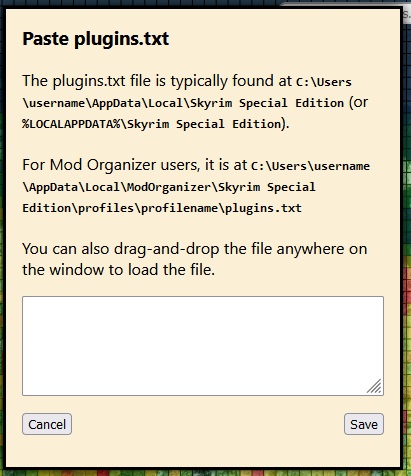 Screenshot of modmapper.com with the Paste plugins.txt dialog 
open