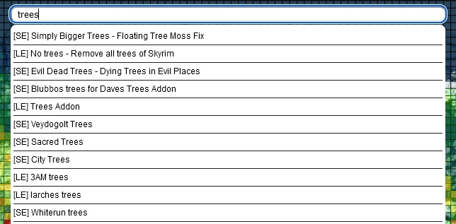 Screenshot of modmapper.com with "trees" entered into the search bar with a 
number of LE and SE mod results listed underneath in a 
dropdown