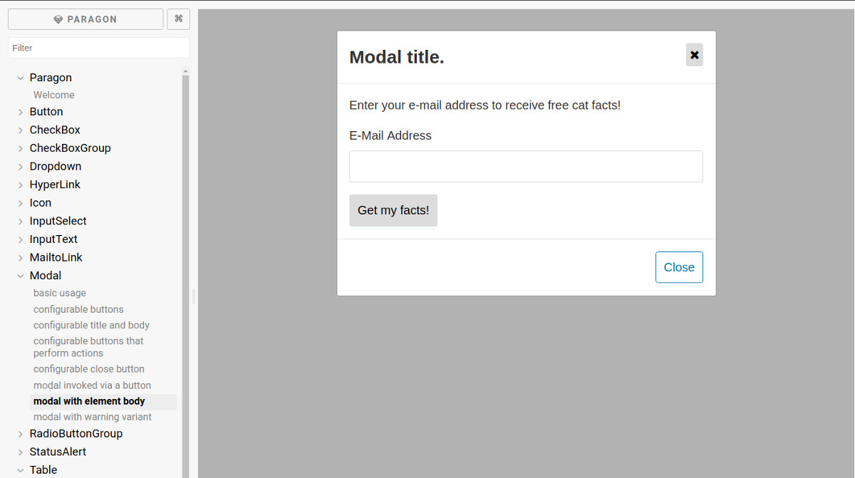 Paragon's modal component displayed in
Storybook