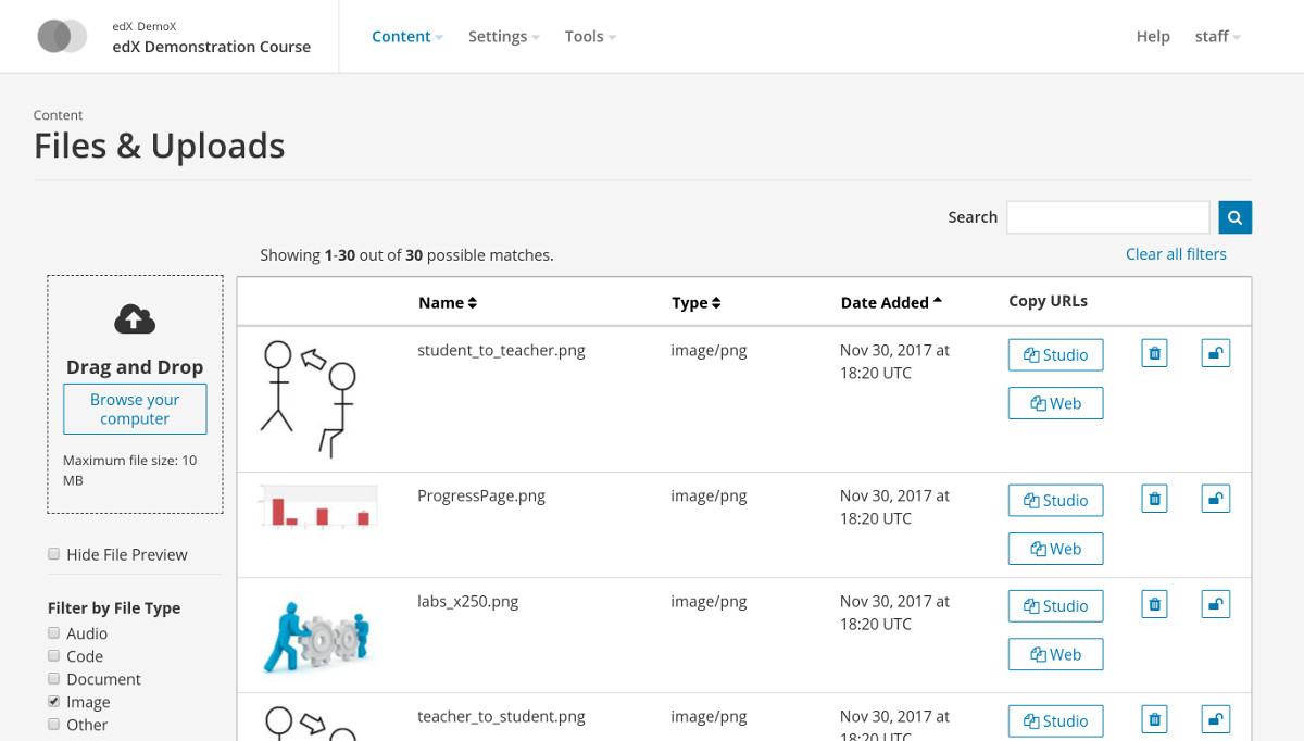 Screenshot of the studio-frontend assets table inside of
Studio